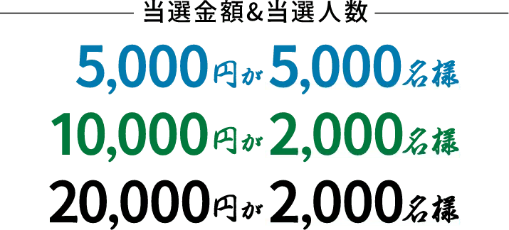 当選金額＆当選人数 5,000円が5,000名様 10,000円が2,000名様 20,000円が2,000名様
