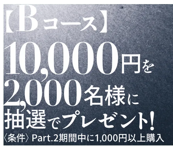 Bコース 100,000円を2000名様に抽選でプレゼント! <条件>Part.2期間中に1,000円以上購入